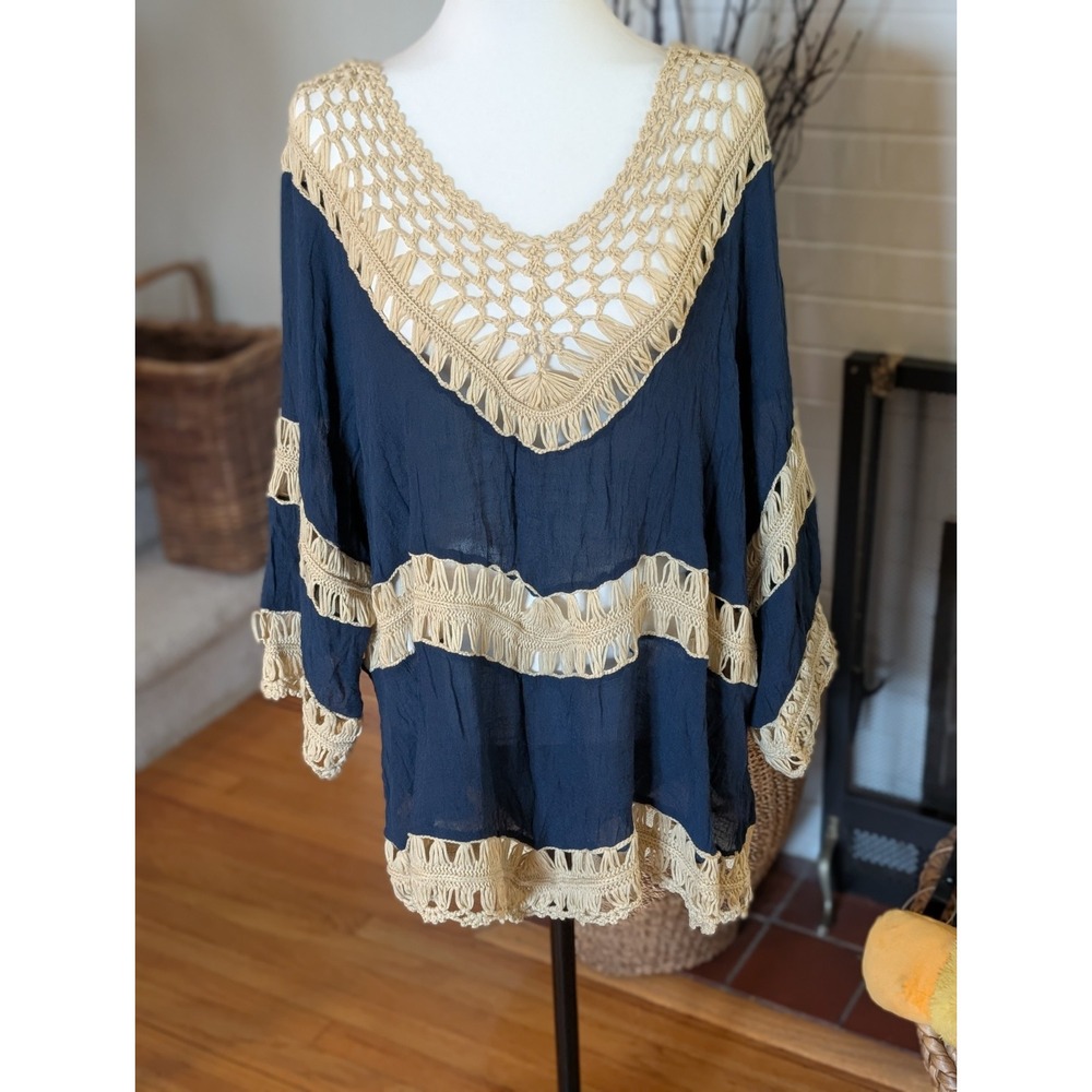 NWT Cato Woman Plus Size 26/28W Navy Blue Crochet Open Knit Trim Tunic Top Boho